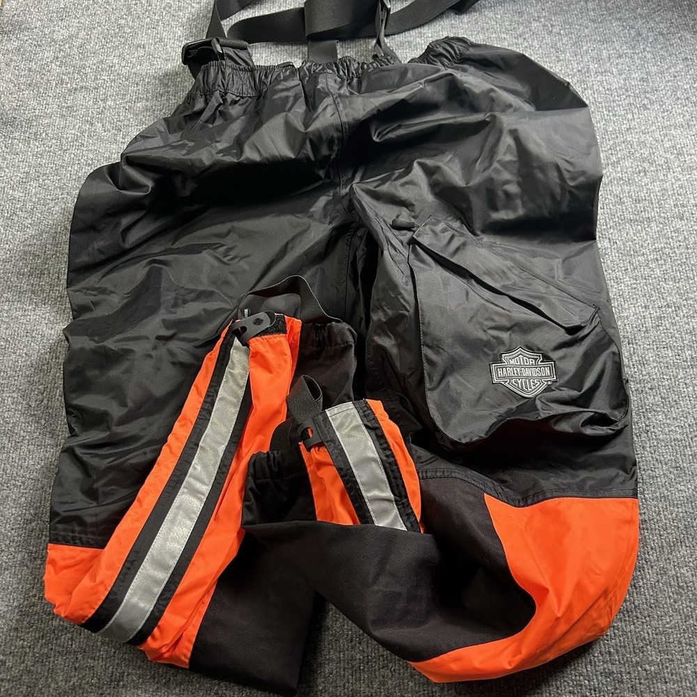 Harley-Davidson Motorcycle Size L Rain Bib Pants Waterproof Black Orange Hi-Vis